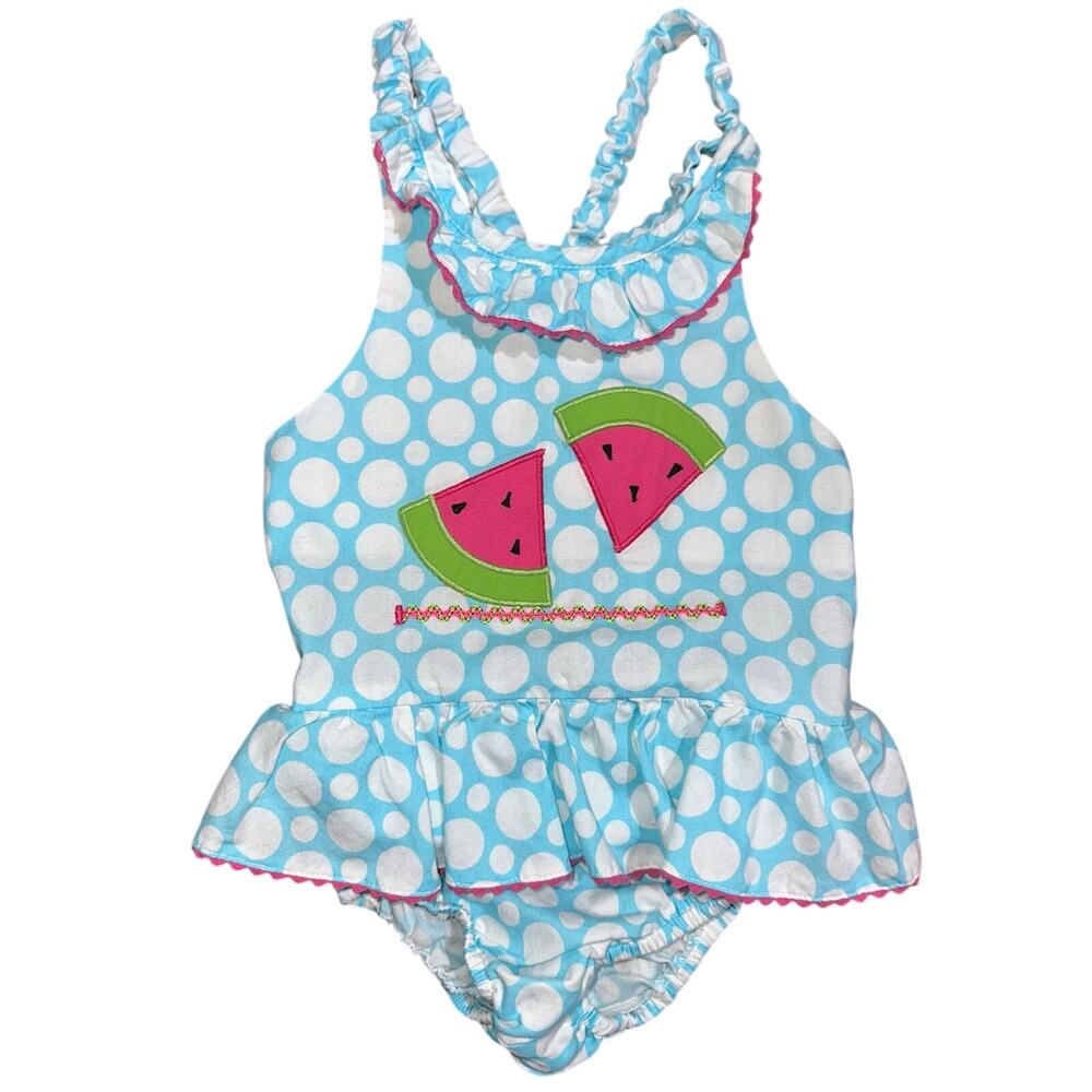 Mondays Child Watermelon Light Blue Polka Dot Ruffle Cotton One Piece Swimsuit 3